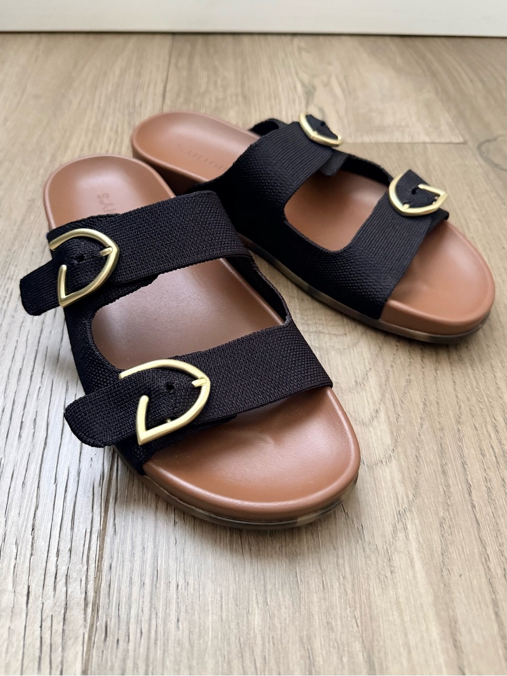 Rothy’s The Buckle Slide Double Black Strap Gold Tortoise Soles 9.5 - Picture 3 of 8